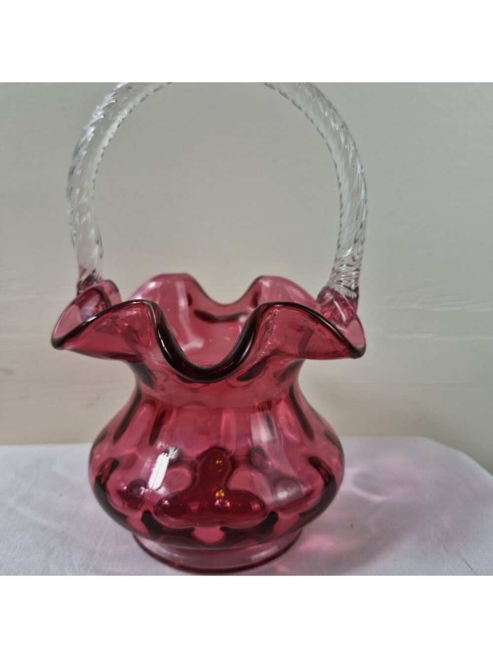 1990s Fenton Cranberry Coin Dot Art Glass Basket Clear Twist Handle 8"